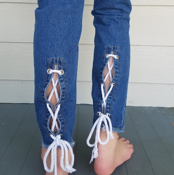 Prettylittlethings Denim Jeans, Raw Edge Ankle, Lace Up Calf, High Rise, Sz 4 - Picture 10 of 16